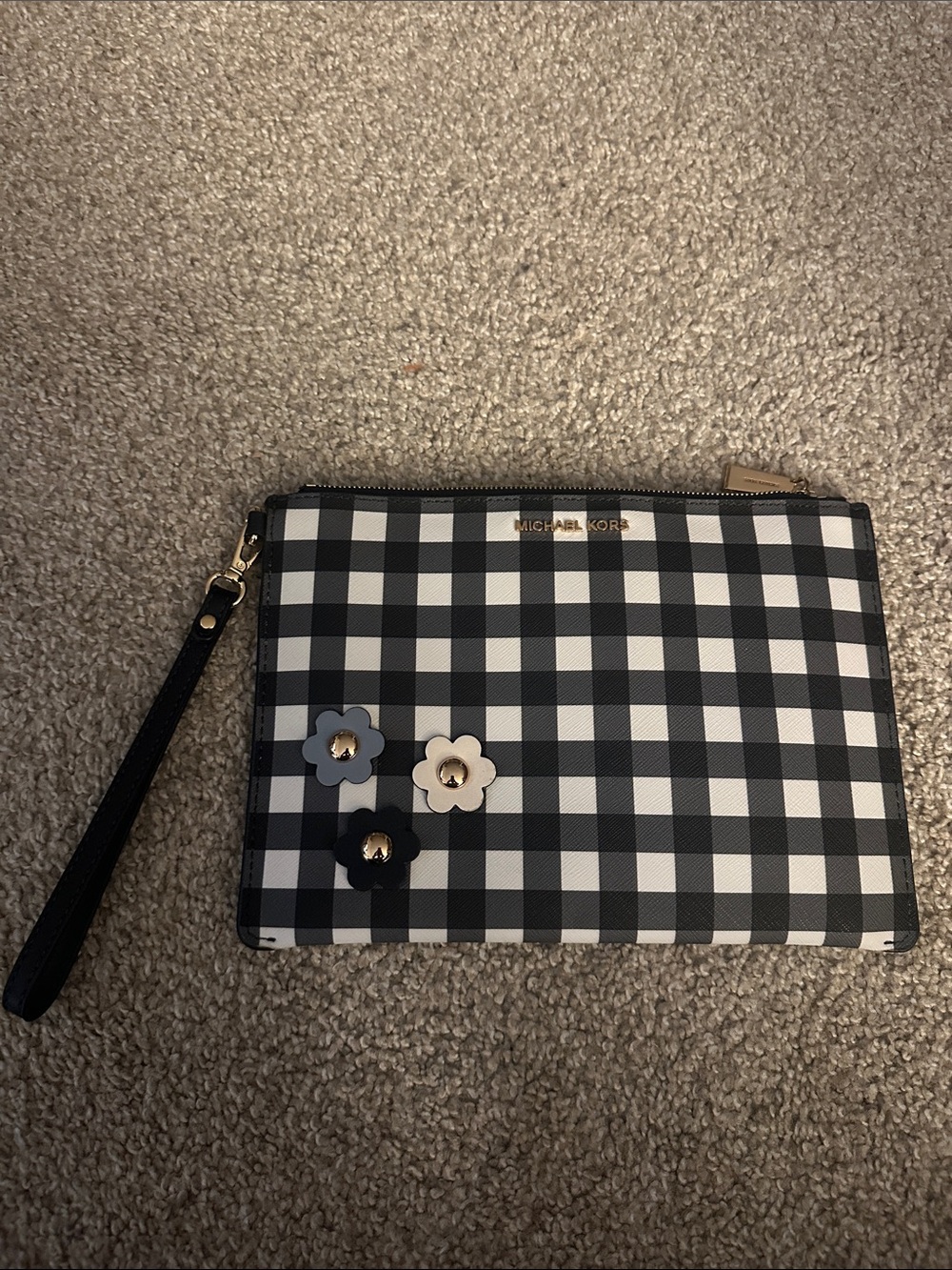 Michael Kors Blue and White Gingham Floral Wristlet Clutch